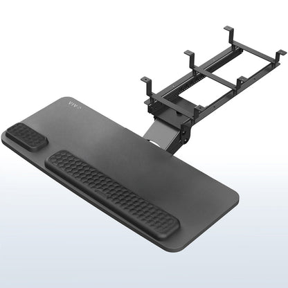 An under desk keyboard tray setup with a black keyboard and mouse on the tray, attached to a metal bracket under the desk.