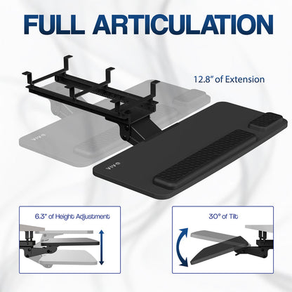 An under desk keyboard tray with text on a white background highlighting full articulating feature.