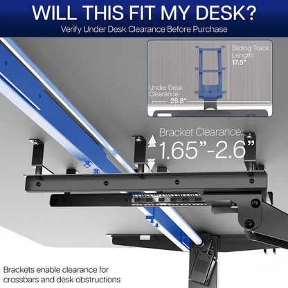 Under desk keyboard mount with clearance measurements for under desk and bracket area, featuring a blue sliding track.