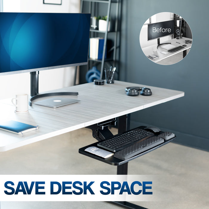 Before and after comparison with a cluttered desk and a clean desk.