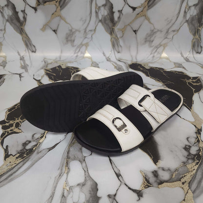 Premium White Leather Double Strap Slippers - Maha fashions -  Men Footwear
