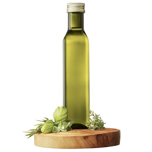 A bottle of Extra Virgin Olive Oil with a green tint, accompanied by herbs typically found in Provençal cuisine, displayed on a wooden platform.