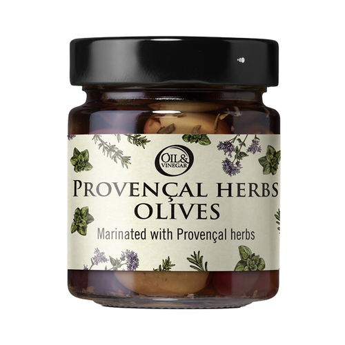 A jar of Provençal herbs olives with a label showing the brand 'OILS & VINEGAR' and a list of herbs such as thyme, oregano, and rosemary