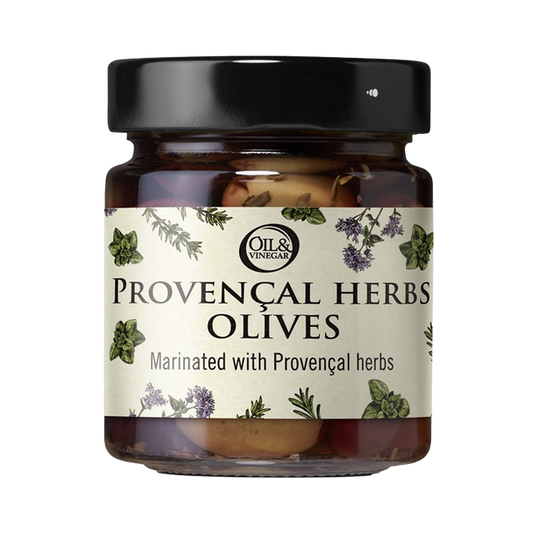 A jar of Provençal herbs olives with a label showing the brand 'OILS & VINEGAR' and a list of herbs such as thyme, oregano, and rosemary