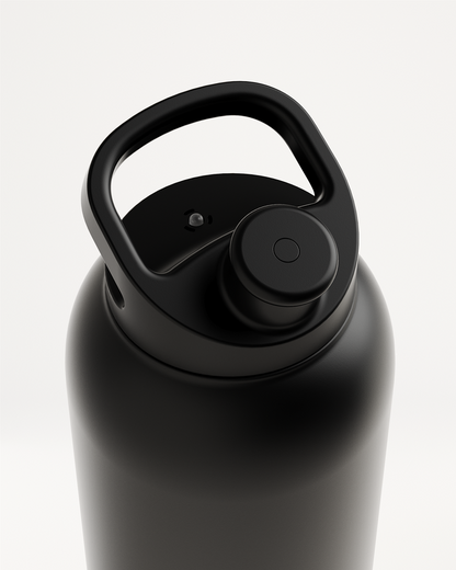 Pull-Up Lid matte-black insulated water bottle with wide mouth.