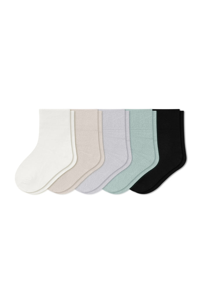 Quarter Socks Combo 5-Pack in Cloud, Oat, Storm, Sage, and Midnight  laying flat on a white background.