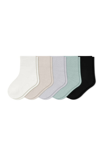 Quarter Socks Combo 5-Pack in Cloud, Oat, Storm, Sage, and Midnight  laying flat on a white background.