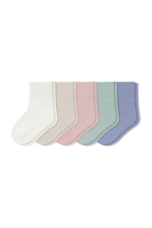 Quarter Socks Combo 5-Pack in Cloud, Oat, Blush, Sage, and Haze laying flat on a white background.
