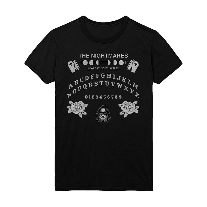 Black Bella Canvas T-shirt by The Nightmares features a Ouija board-inspired design with "The Nightmares" text, coffins, alphabet, numbers, roses, planchette, and "Newport, South Wales." Ideal for bold statement style.