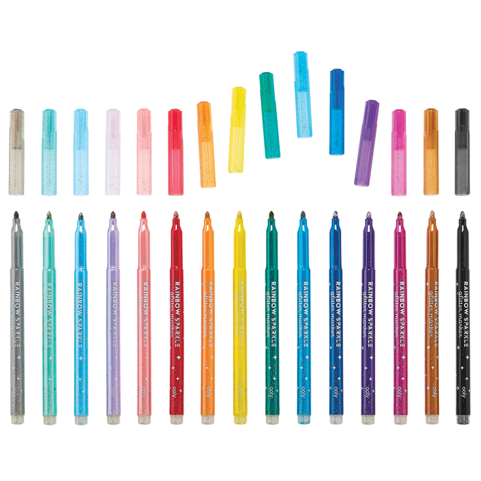 Row of uncapped markers from the OOLY Rainbow Sparkle Glitter Markers