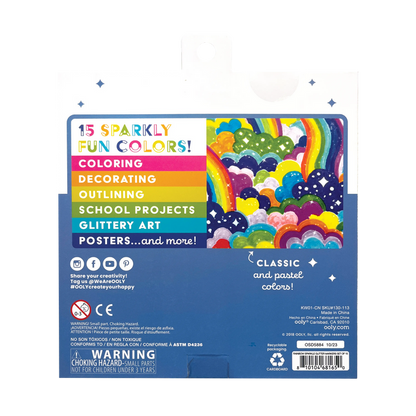 Back of packaging of OOLY Rainbow Sparkle Glitter Markers