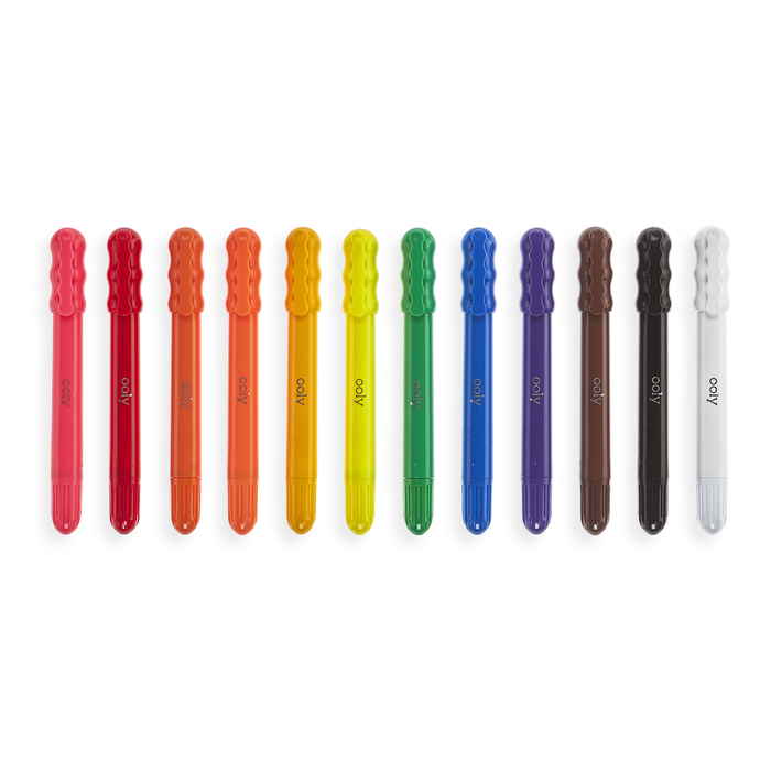 Colorful Rainy Dayz Gel Crayons lined up out of packaging