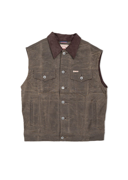 Brown waxed canvas vest with button closure and two chest pockets, featuring a dark collar. Rugged and stylish design.