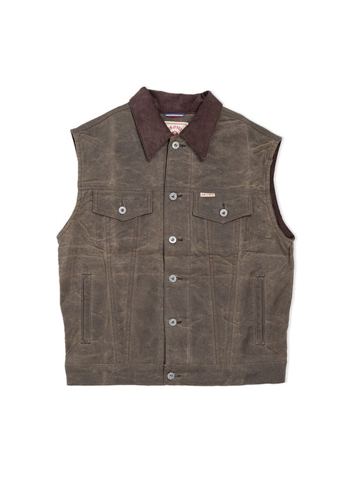 Brown waxed canvas vest with button closure and two chest pockets, featuring a dark collar. Rugged and stylish design.
