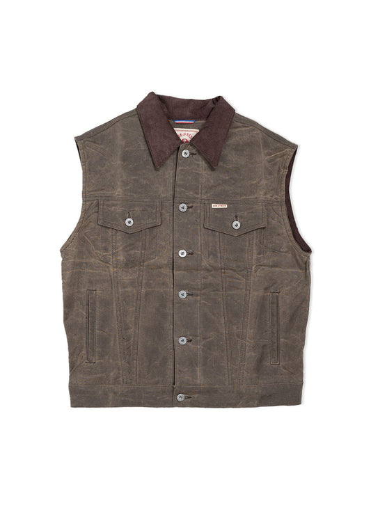 Brown waxed canvas vest with button closure and two chest pockets, featuring a dark collar. Rugged and stylish design.