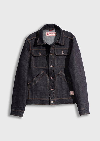 Dark denim jacket with button closure, chest pockets, and contrast stitching, displayed on a light gray background.