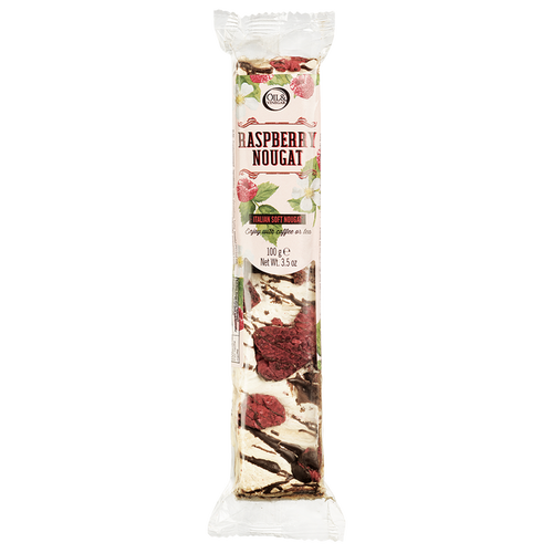 Packaged raspberry nougat bar visible through the transparent window of the packaging, with the brand and product name displayed.