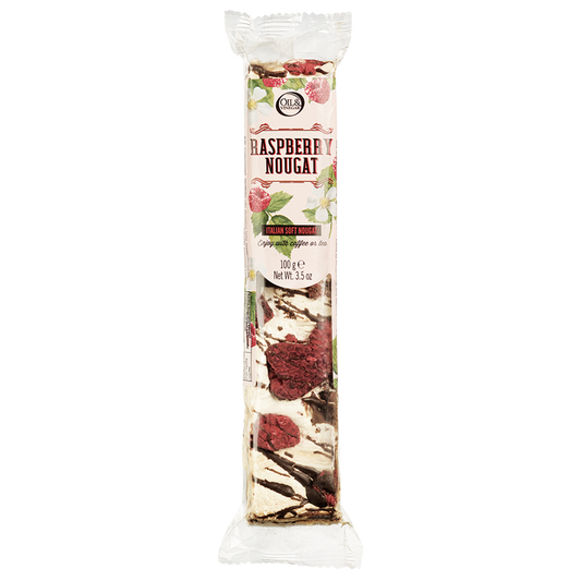 Packaged raspberry nougat bar visible through the transparent window of the packaging, with the brand and product name displayed.