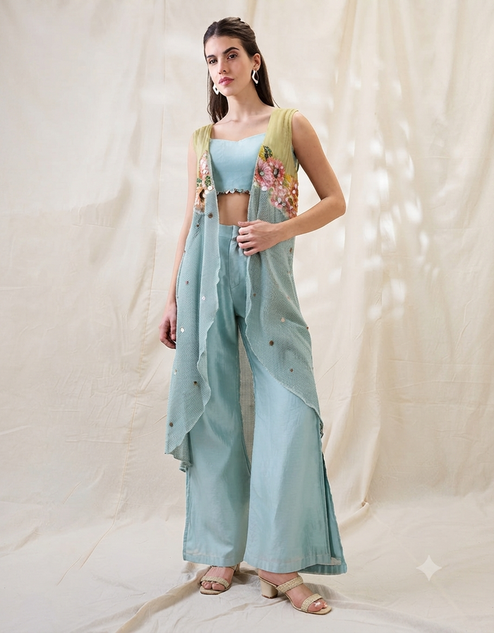 Sea Green Ravya Co-ord Set with Solid Bustier, Wide-Leg Pants and Embroidered Sleeveless Cotton Net Jacket for Women