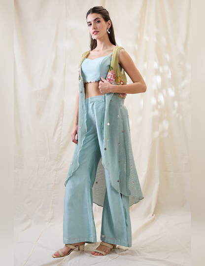 Sea Green Ravya Co-ord Set with Solid Bustier, Wide-Leg Pants and Embroidered Sleeveless Cotton Net Jacket for Women