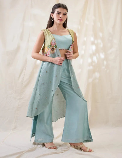 Sea Green Ravya Co-ord Set with Solid Bustier, Wide-Leg Pants and Embroidered Sleeveless Cotton Net Jacket for Women