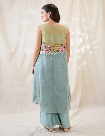 Sea Green Ravya Co-ord Set with Solid Bustier, Wide-Leg Pants and Embroidered Sleeveless Cotton Net Jacket for Women