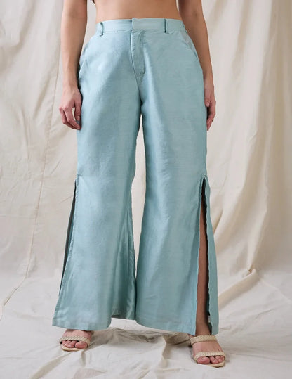 Sea Green Ravya Co-ord Set with Solid Bustier, Wide-Leg Pants and Embroidered Sleeveless Cotton Net Jacket for Women