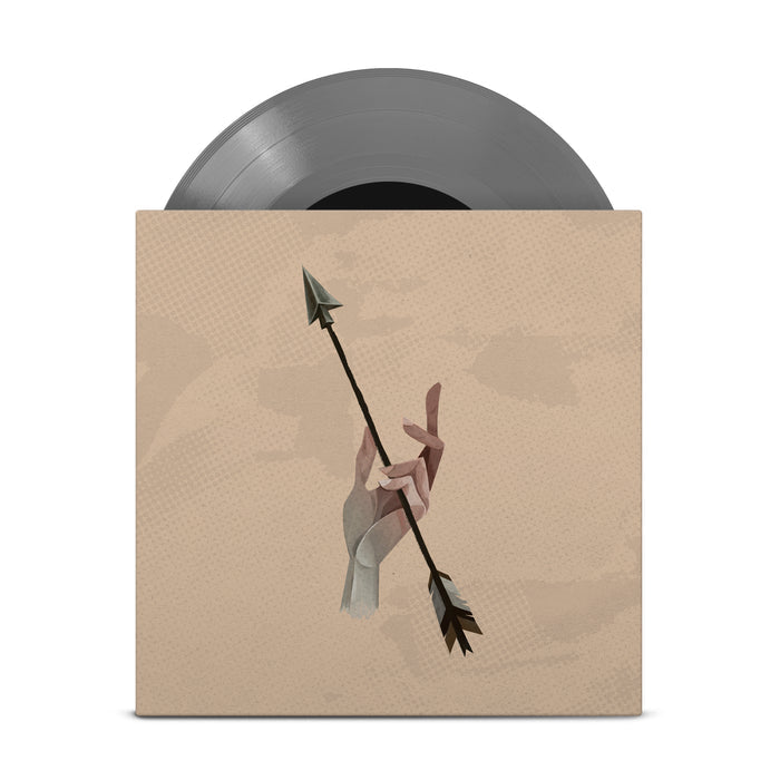 Opaque Grey colored Vinyl LP Peeking out of a jacket. The Jacket art is a tan desert like background. The center of the image has a large hand. The hand is holding an arrow pointing diagonally upwards.