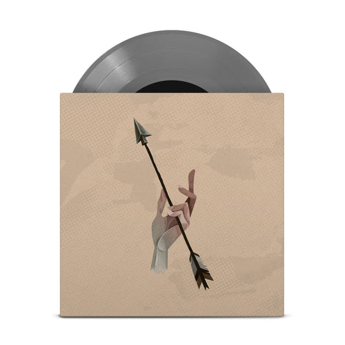 Opaque Grey colored Vinyl LP Peeking out of a jacket. The Jacket art is a tan desert like background. The center of the image has a large hand. The hand is holding an arrow pointing diagonally upwards.