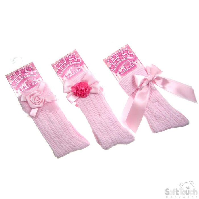 RIBBED KNEE LENGTH SOCKS W/STITCHED BOWS: 4S42-P - Kidswholesale.co.uk