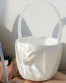 Ribbon Knot and Rhinestone Button Design-White or Ivory Wedding Flower Girl Basket