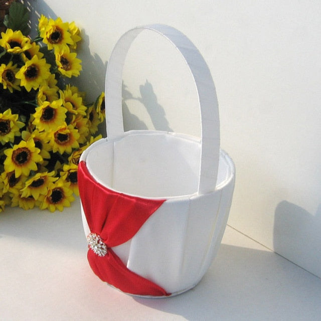 Ribbon Knot and Rhinestone Button Design-White or Ivory Wedding Flower Girl Basket