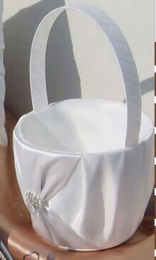 Ribbon Knot and Rhinestone Button Design-White or Ivory Wedding Flower Girl Basket