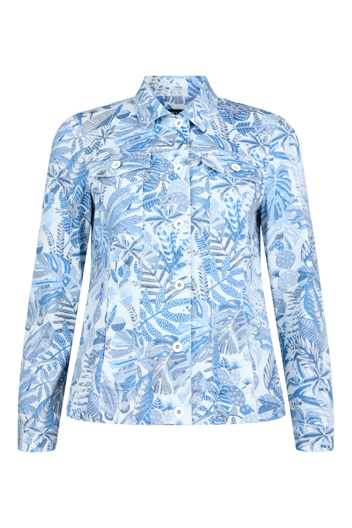 Robell Happy Jacket 57641-55089-62 White and Blue Tropical Print (62) by robell shop robell at Dotique stylish patterned jacket front view