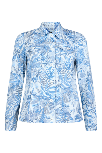Robell Happy Jacket 57641-55089-62 White and Blue Tropical Print (62) by robell shop robell at Dotique stylish patterned jacket front view