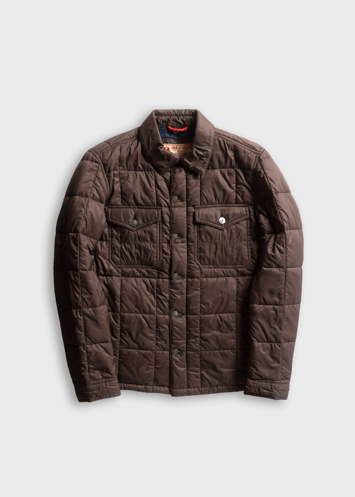 Brown quilted jacket with button closure and two chest pockets, displayed on a plain background.