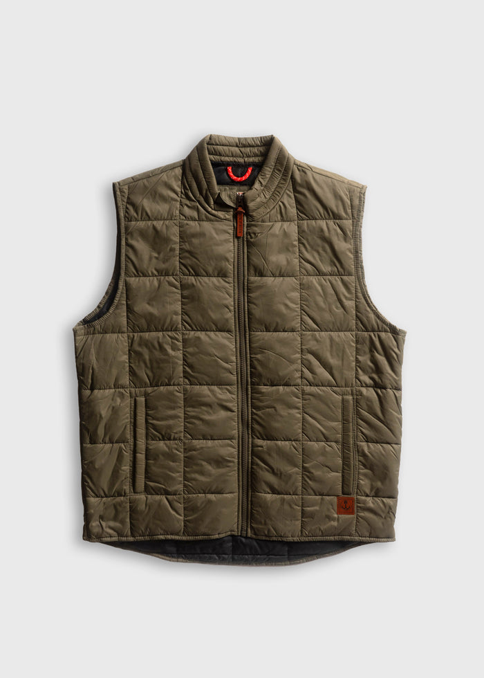 quilted nylon vest with insulated poly fill, zipper front and button placket, durable lightweight outerwear with utility pockets and classic style