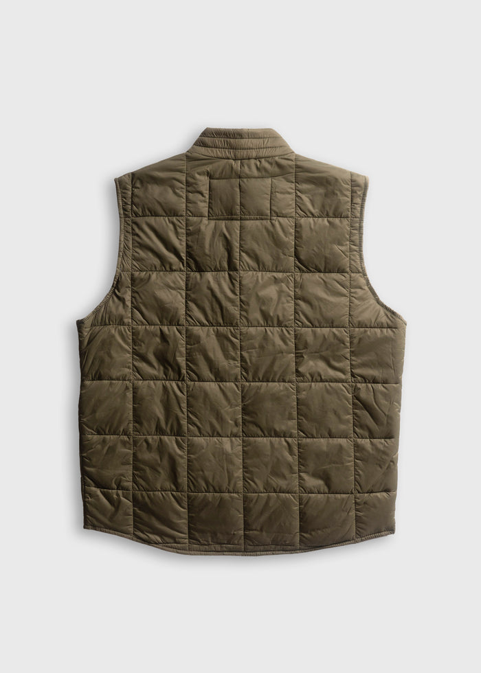 Olive green quilted vest with a grid pattern, viewed from the back against a plain white background.