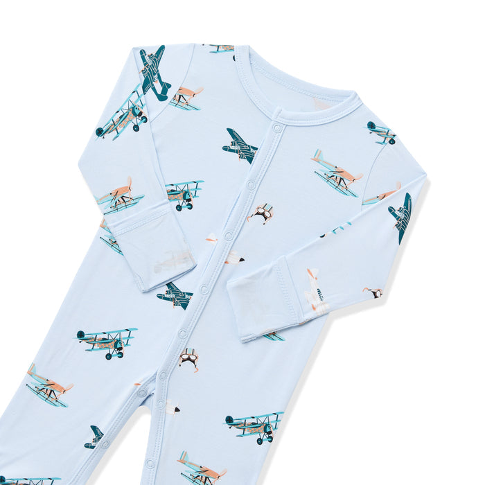 Close up of the snap closure and fold over hand cuffs on the Romper in Take Off
