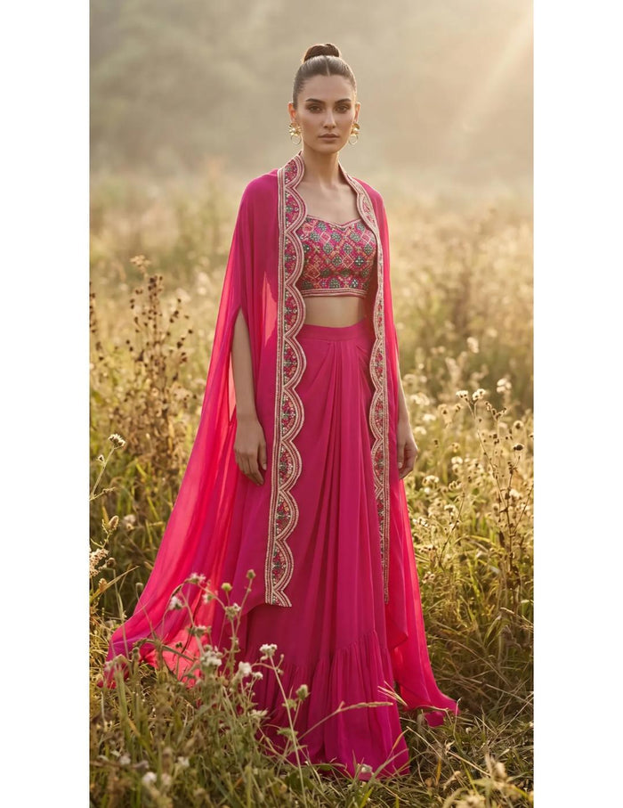 Rose Phulkari Cape Set