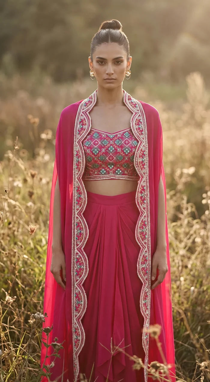 Rose Phulkari Cape Set