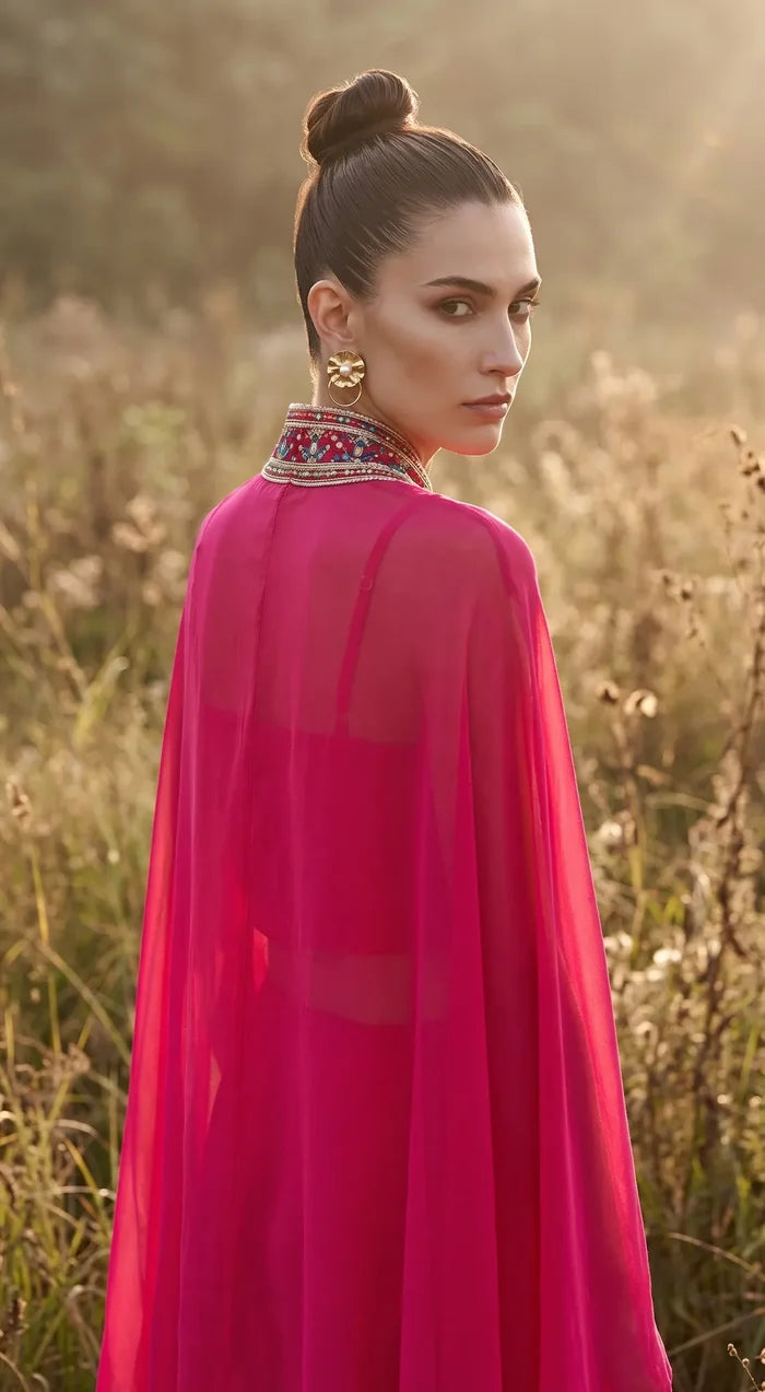 Rose Phulkari Cape Set