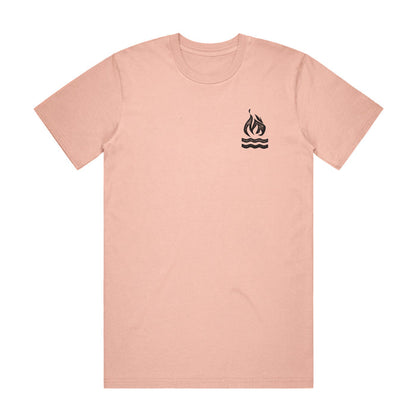 pink t shirt. The top right has a small campfire graphic.