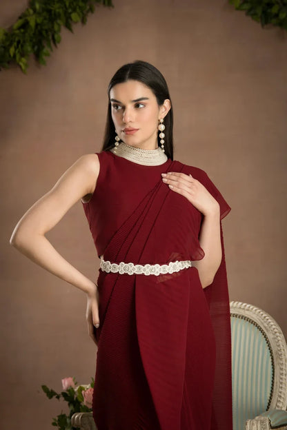 Pre-draped rose red saree for women