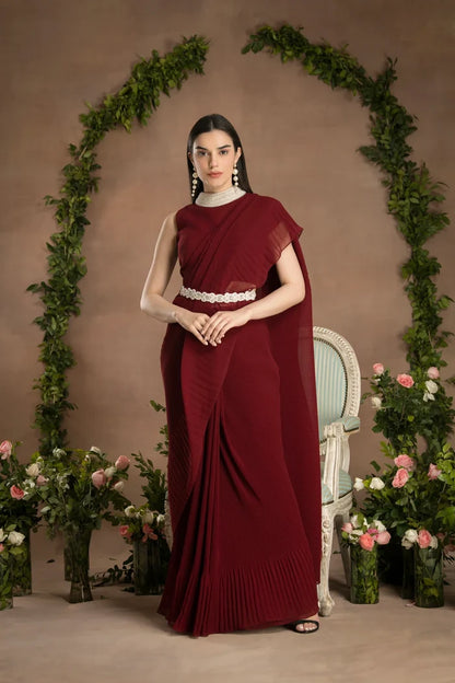 Designer ready-to-wear rose red saree