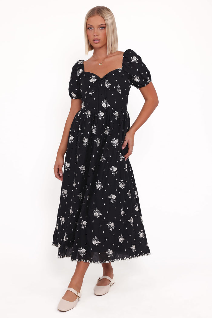 Petal and Pup USA DRESSES Rosemarie Midi Dress - Black Floral (Hold for Amazon)