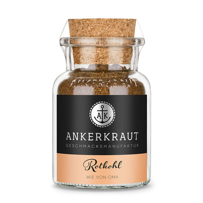 Rotkohl Gewürz von Ankerkraut im Korkenglas auf weißem Hintergrund.