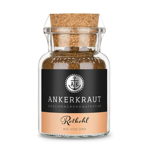 Rotkohl Gewürz von Ankerkraut im Korkenglas auf weißem Hintergrund.