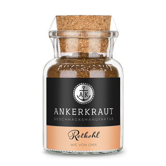 Rotkohl Gewürz von Ankerkraut im Korkenglas auf weißem Hintergrund.