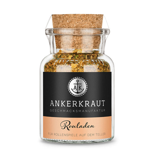 Rouladen Gewürze von Ankerkraut im Korkenglas auf weißem Hintergrund.